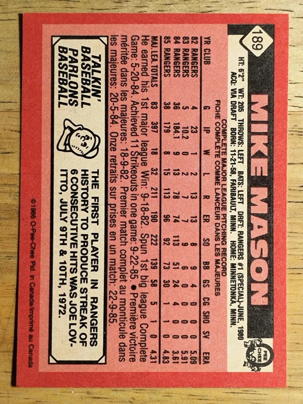 1986 O-Pee-Chee #189 Mike Mason