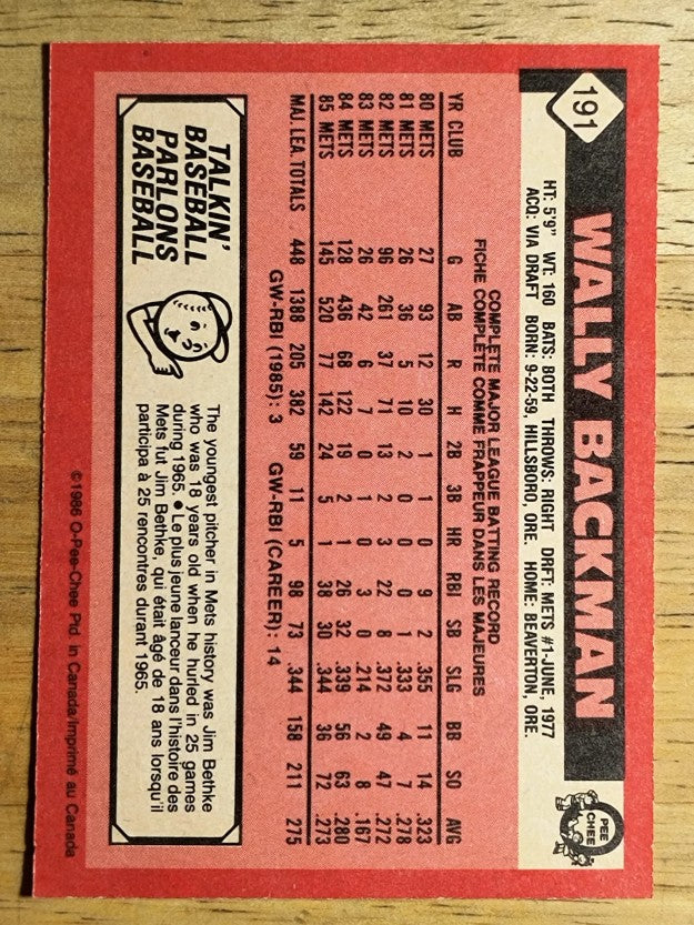 1986 O-Pee-Chee #191 Wally Backman
