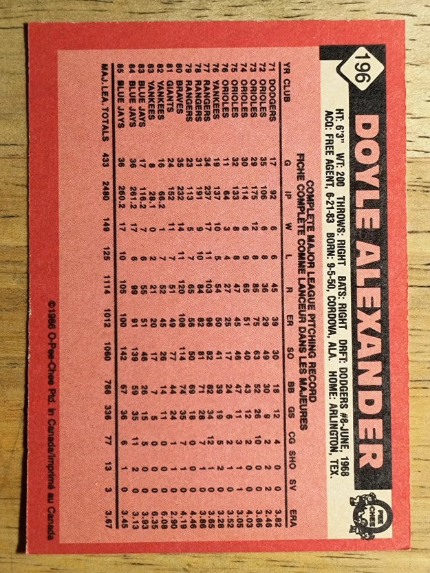 1986 O-Pee-Chee #196 Doyle Alexander