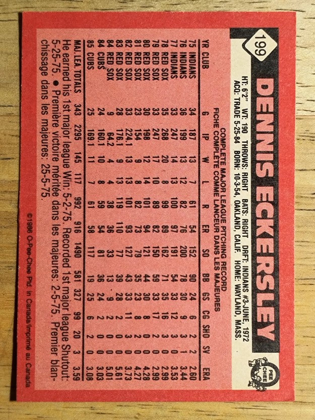 1986 O-Pee-Chee #199 Dennis Eckersley