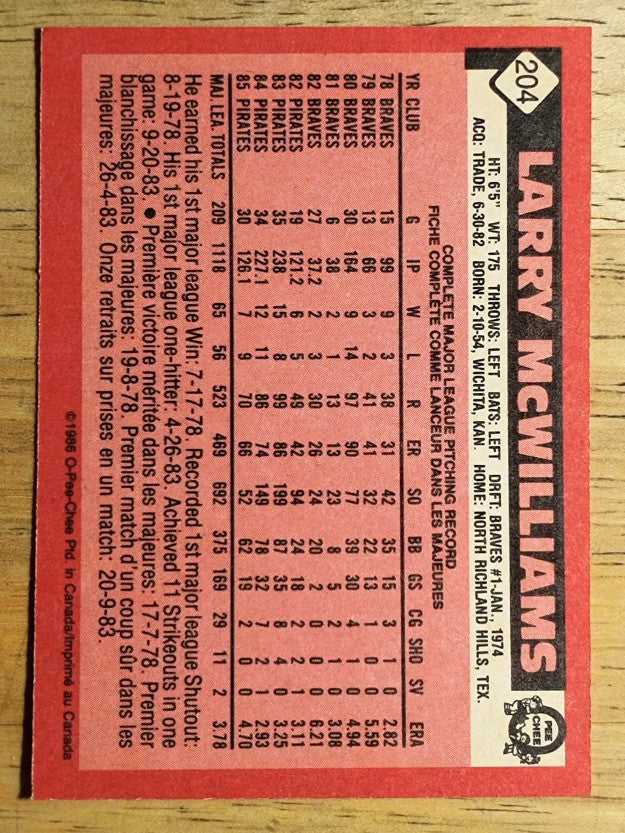 1986 O-Pee-Chee #204 Larry McWilliams
