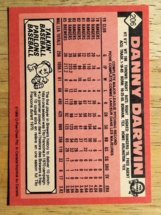 1986 O-Pee-Chee #206 Danny Darwin