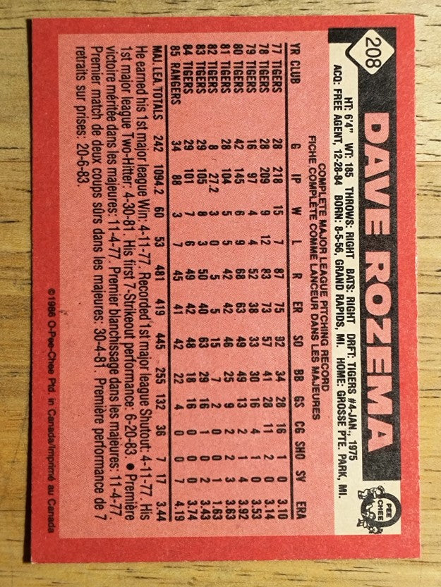1986 O-Pee-Chee #208 Dave Rozema