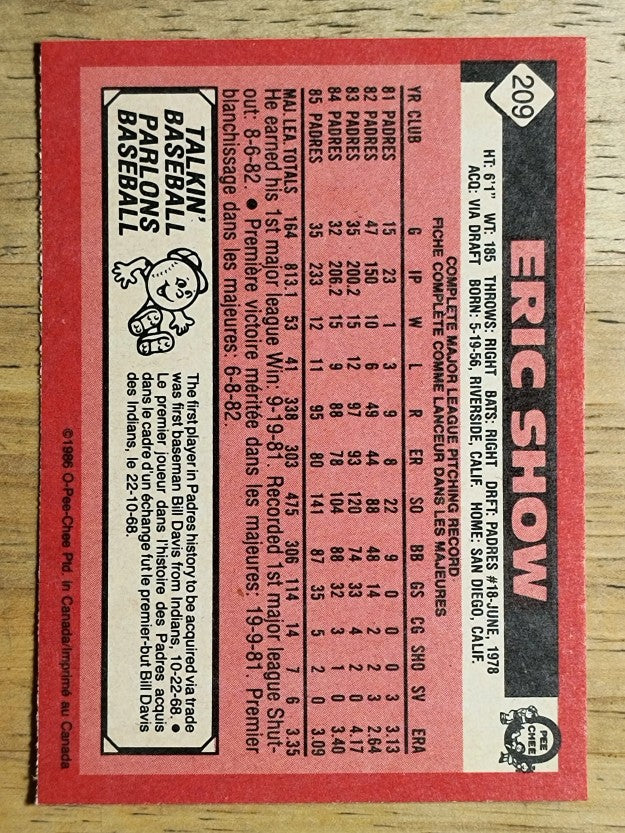 1986 O-Pee-Chee #209 Eric Show