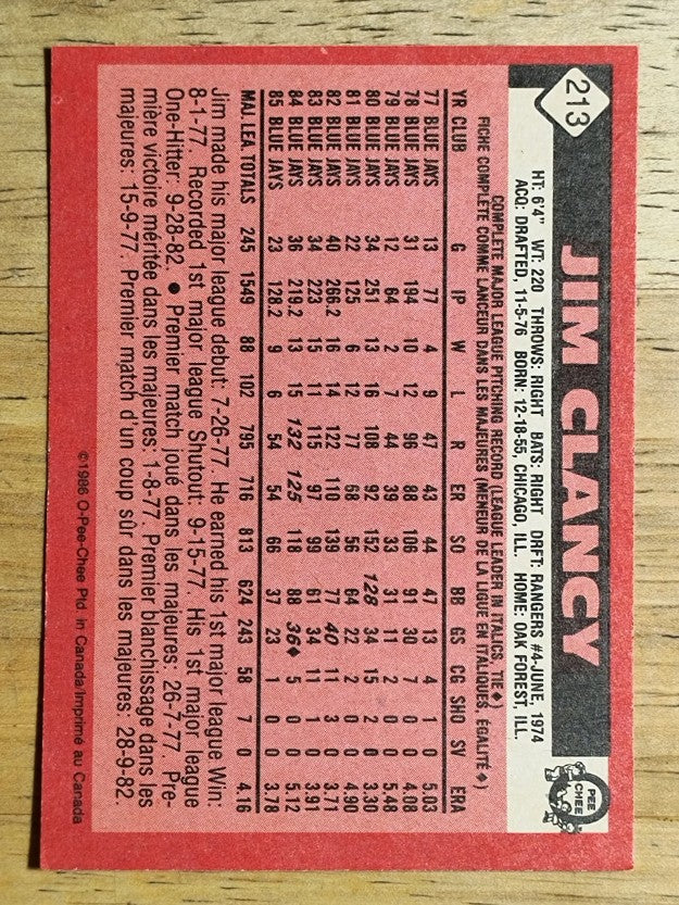 1986 O-Pee-Chee #213 Jim Clancy