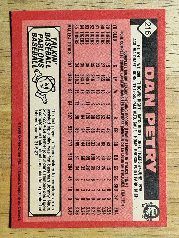 1986 O-Pee-Chee #216 Dan Petry