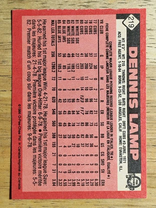 1986 O-Pee-Chee #219 Dennis Lamp