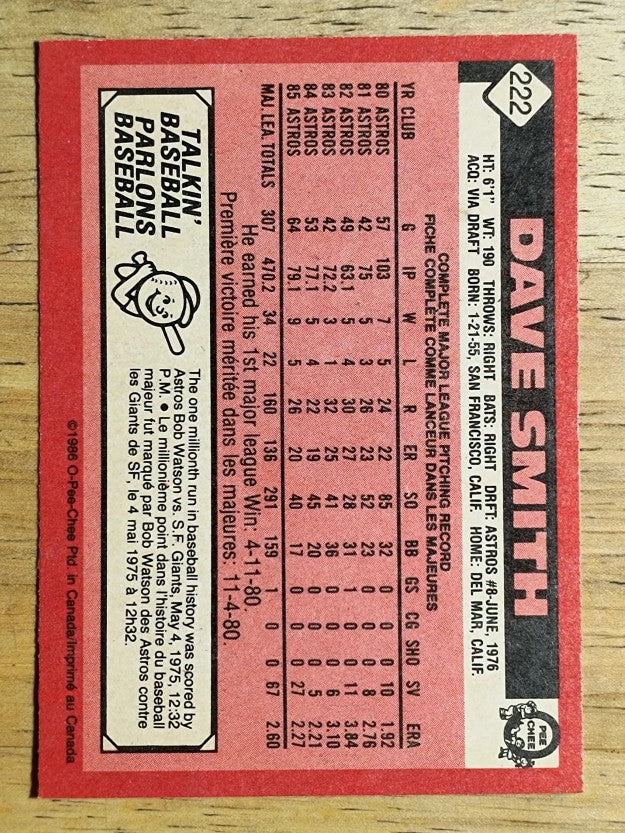 1986 O-Pee-Chee #222 Dave Smith