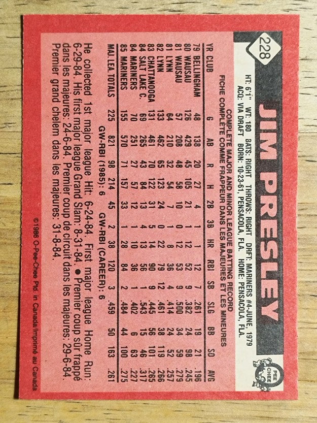 1986 O-Pee-Chee #228 Jim Presley