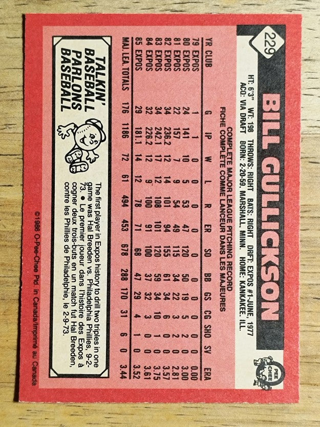1986 O-Pee-Chee #229 Bill Gullickson