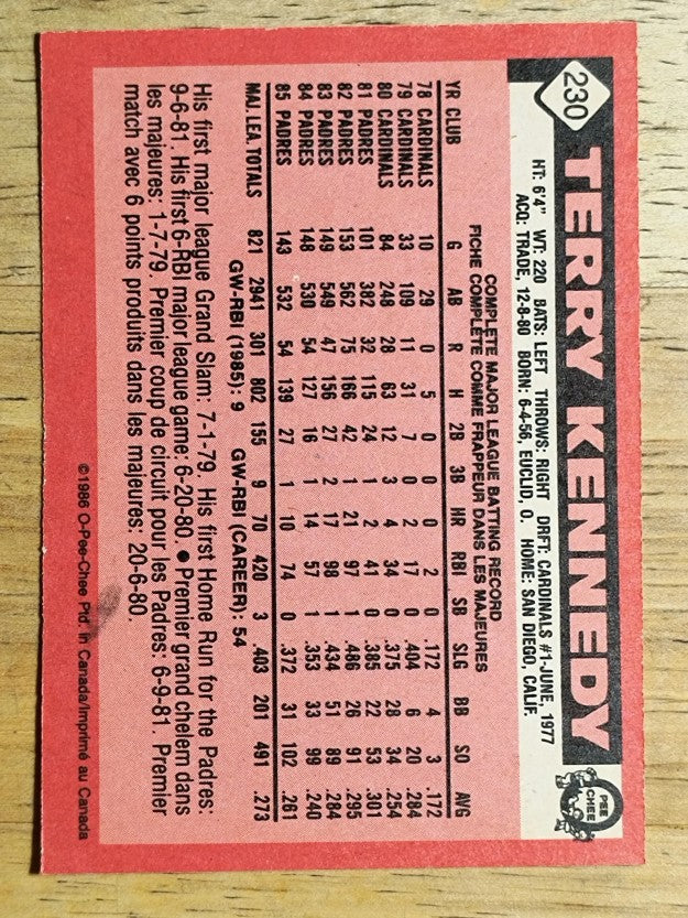 1986 O-Pee-Chee #230 Terry Kennedy