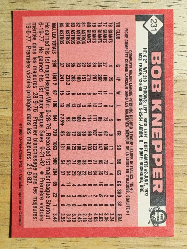 1986 O-Pee-Chee #231 Bob Knepper