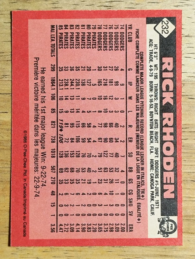 1986 O-Pee-Chee #232 Rick Rhoden