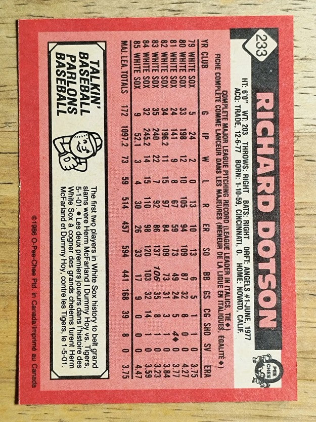 1986 O-Pee-Chee #233 Richard Dotson