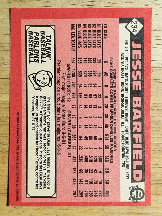 1986 O-Pee-Chee #234 Jesse Barfield