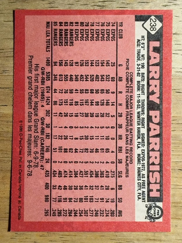 1986 O-Pee-Chee #238 Larry Parrish