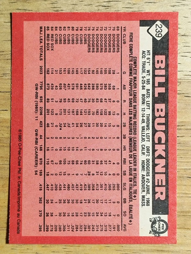 1986 O-Pee-Chee #239 Bill Buckner