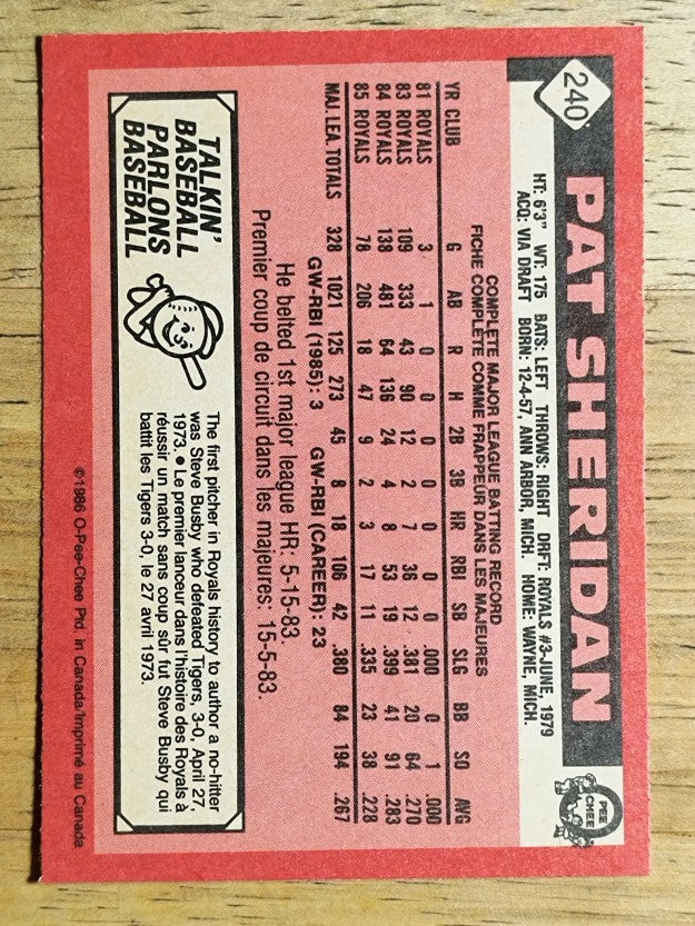 1986 O-Pee-Chee #240 Pat Sheridan