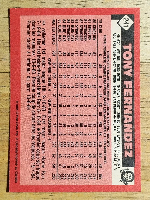 1986 O-Pee-Chee #241 Tony Fernandez