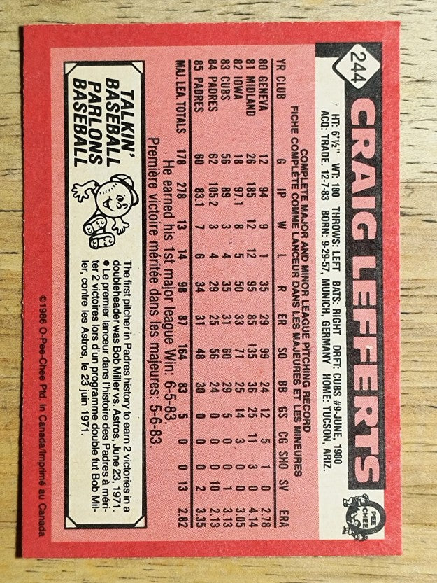 1986 O-Pee-Chee #244 Craig Lefferts