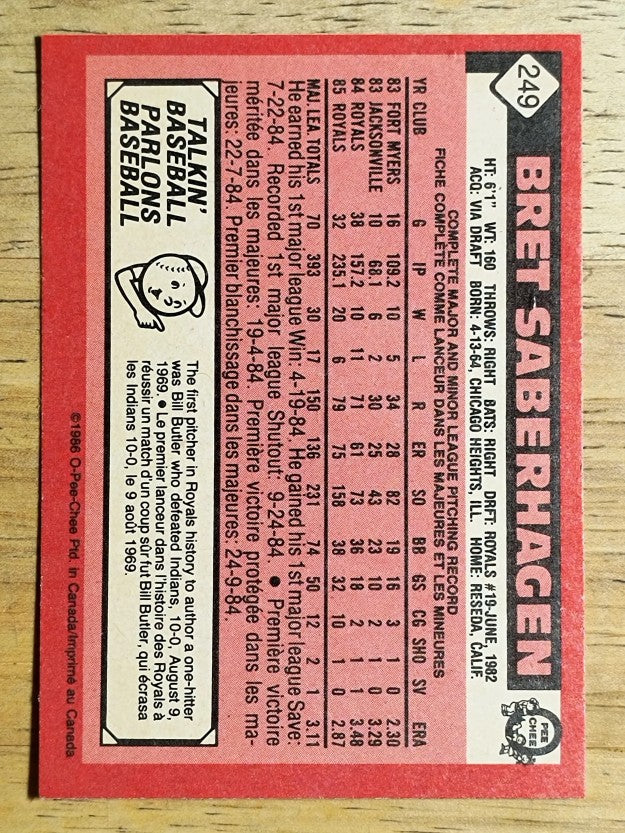1986 O-Pee-Chee #249 Bret Saberhagen