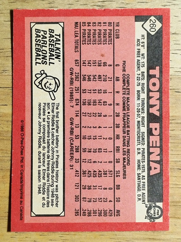 1986 O-Pee-Chee #260 Tony Pena