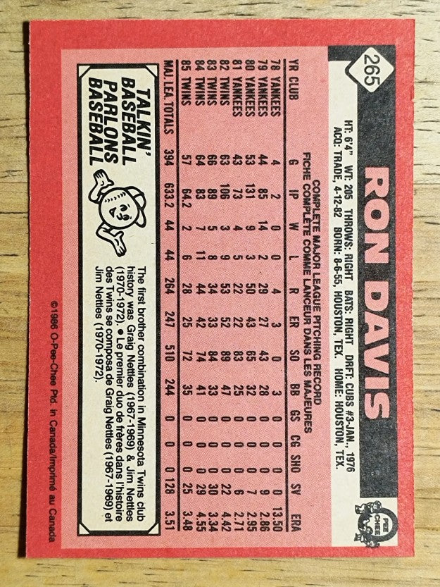 1986 O-Pee-Chee #265 Ron Davis