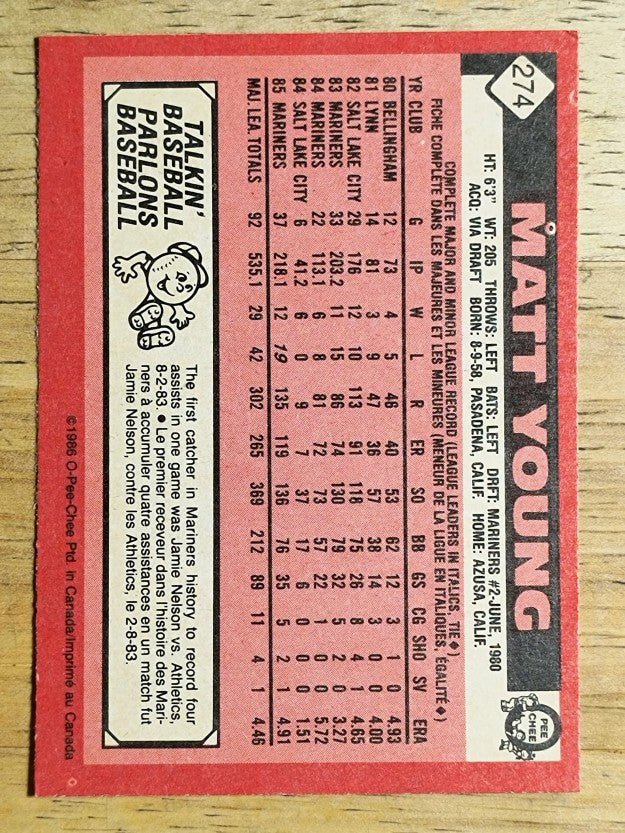 1986 O-Pee-Chee #274 Matt Young