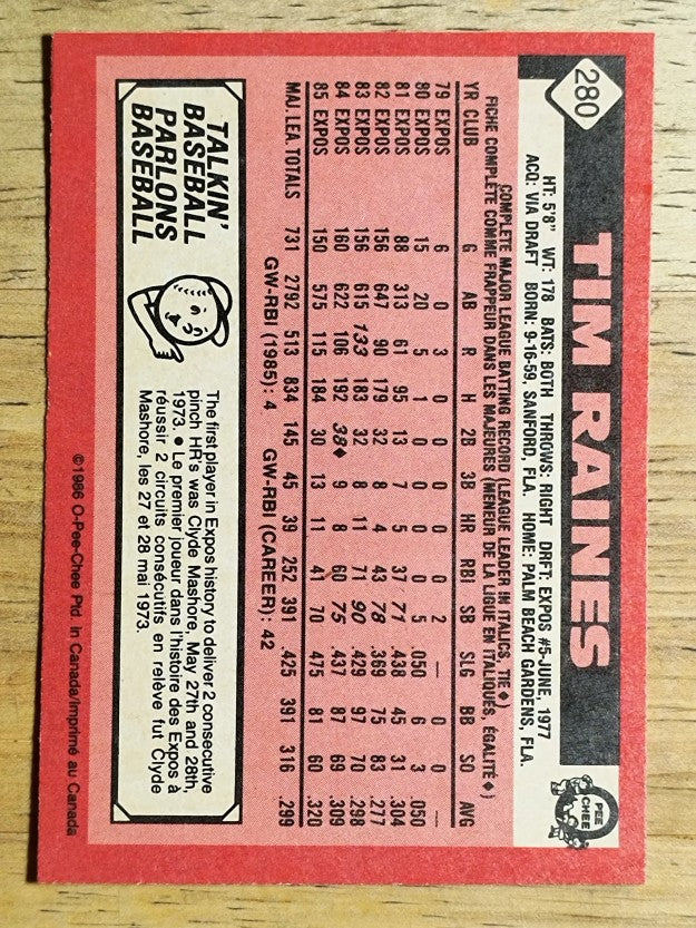 1986 O-Pee-Chee #280 Tim Raines