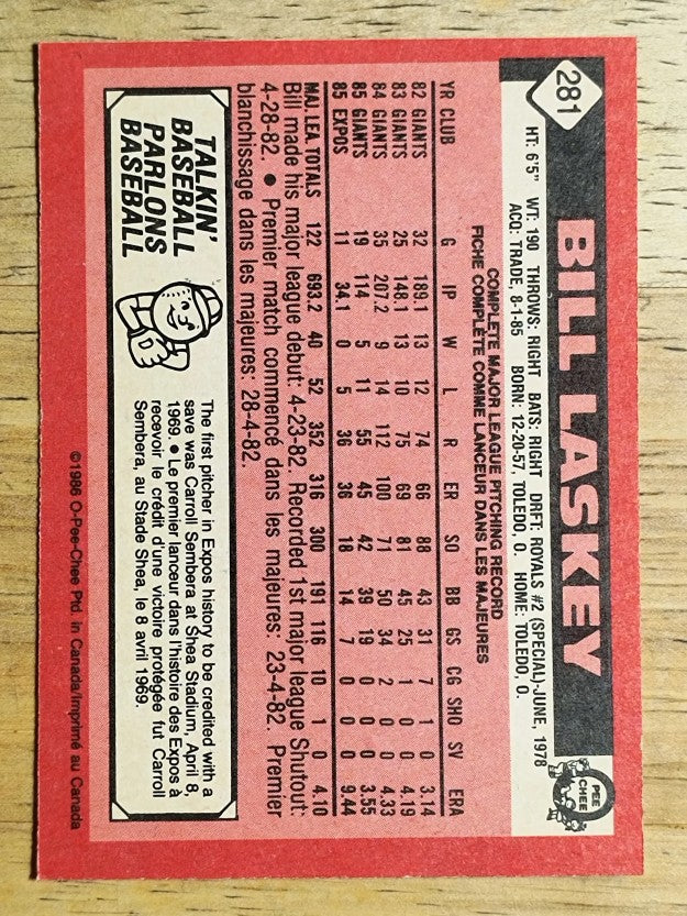 1986 O-Pee-Chee #281 Bill Laskey