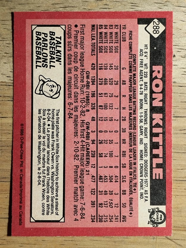 1986 O-Pee-Chee #288 Ron Kittle