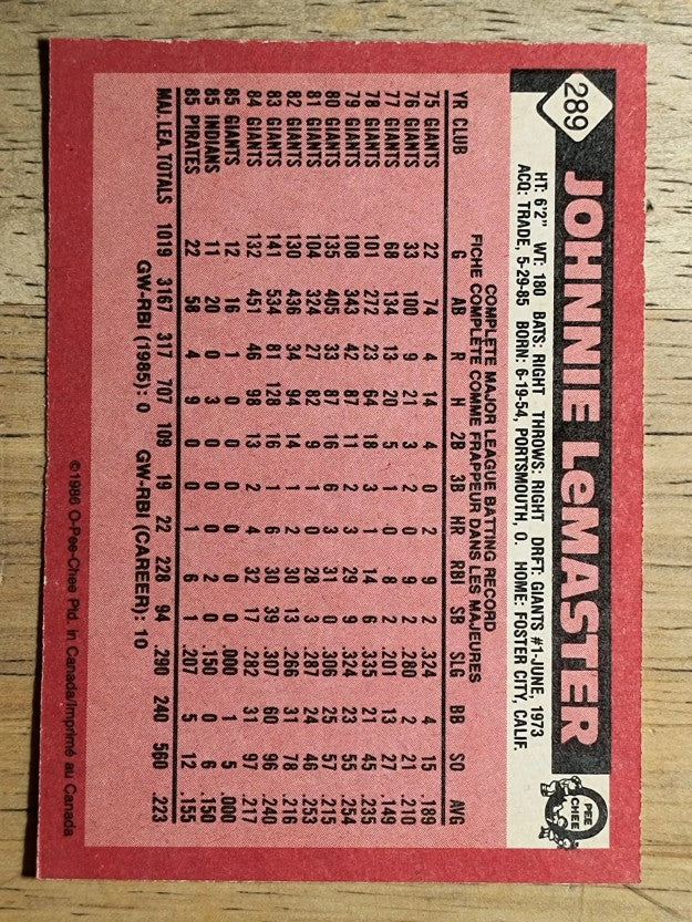 1986 O-Pee-Chee #289 Johnnie LeMaster