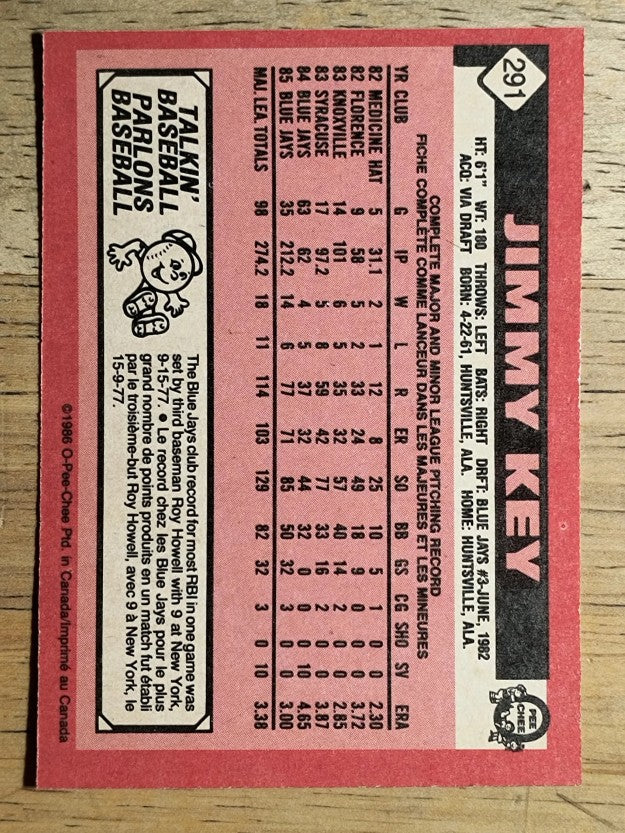 1986 O-Pee-Chee #291 Jimmy Key