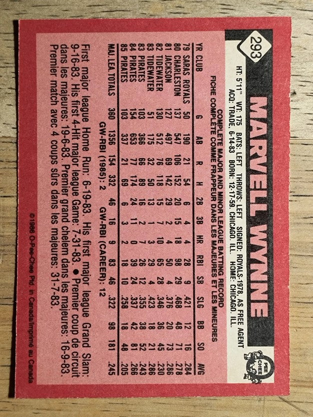 1986 O-Pee-Chee #293 Marvell Wynne