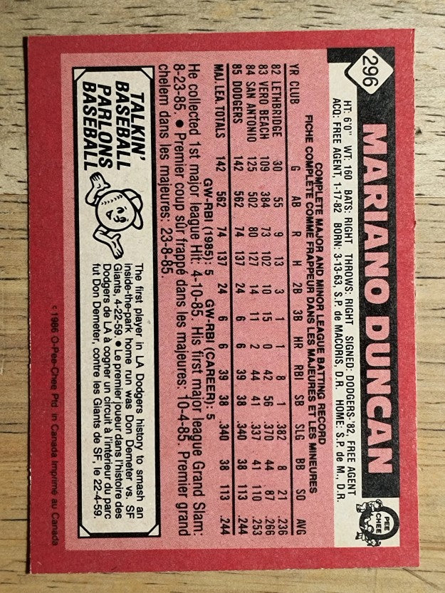 1986 O-Pee-Chee #296 Mariano Duncan RC