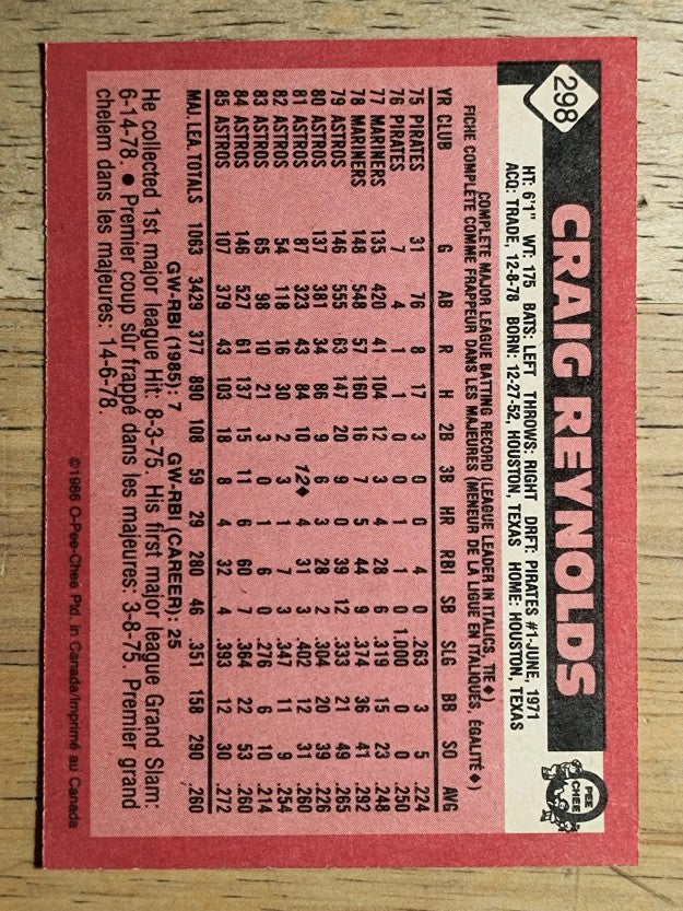 1986 O-Pee-Chee #298 Craig Reynolds