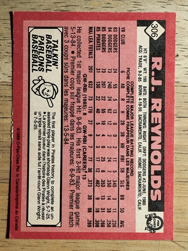 1986 O-Pee-Chee #306 R.J. Reynolds