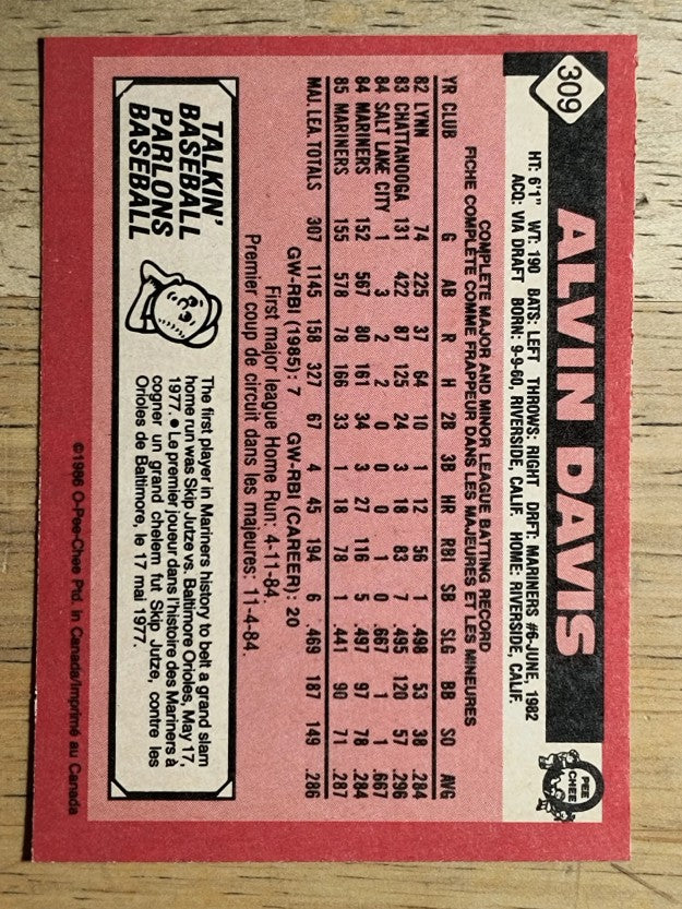1986 O-Pee-Chee #309 Alvin Davis