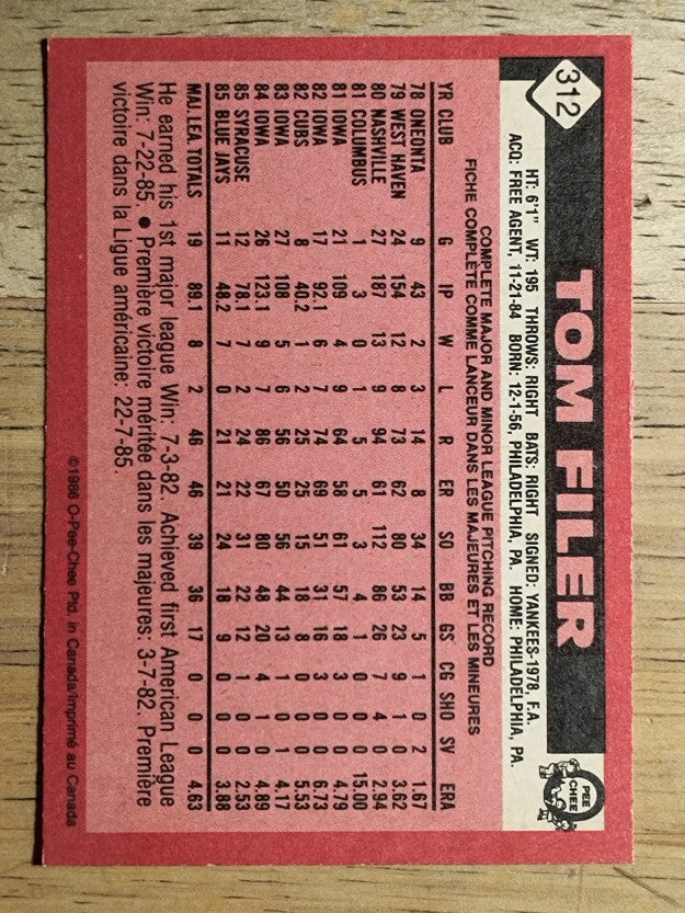 1986 O-Pee-Chee #312 Tom Filer