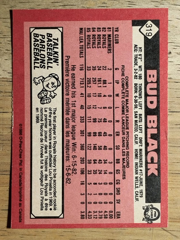1986 O-Pee-Chee #319 Bud Black