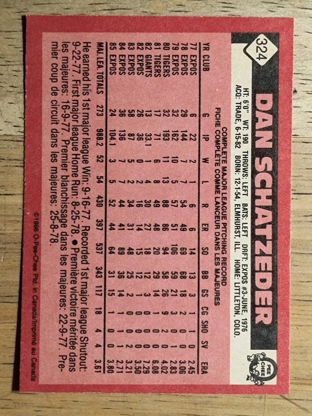 1986 O-Pee-Chee #324 Dan Schatzeder