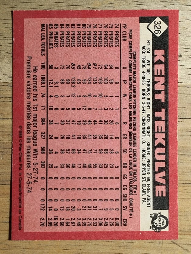 1986 O-Pee-Chee #326 Kent Tekulve