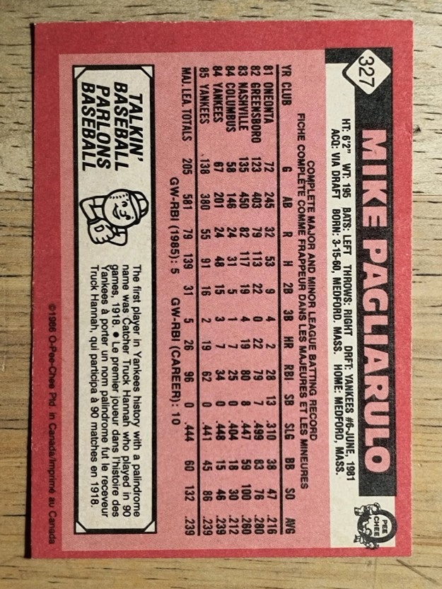 1986 O-Pee-Chee #327 Mike Pagliarulo