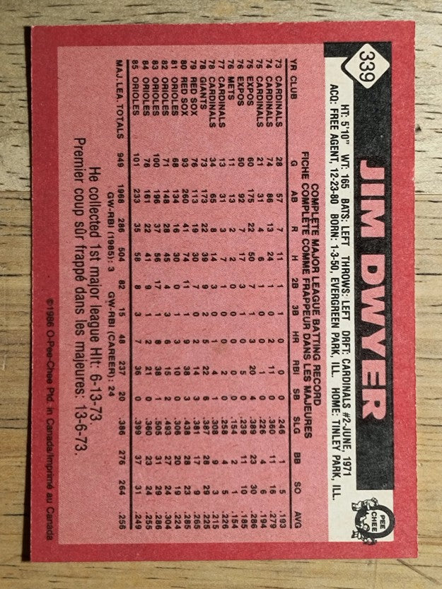 1986 O-Pee-Chee #339 Jim Dwyer