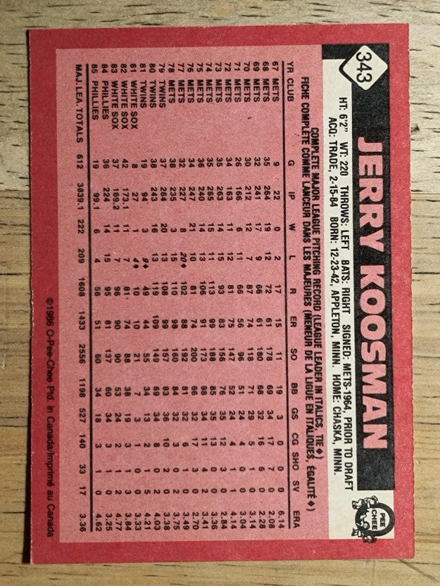 1986 O-Pee-Chee #343 Jerry Koosman