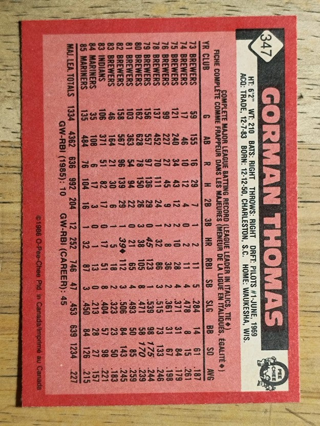 1986 O-Pee-Chee #347 Gorman Thomas