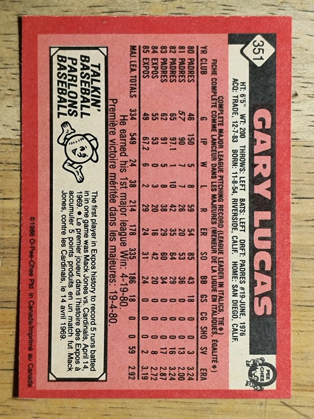 1986 O-Pee-Chee #351 Gary Lucas
