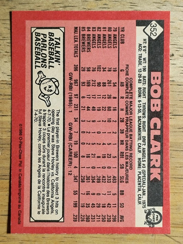 1986 O-Pee-Chee #352 Bob Clark