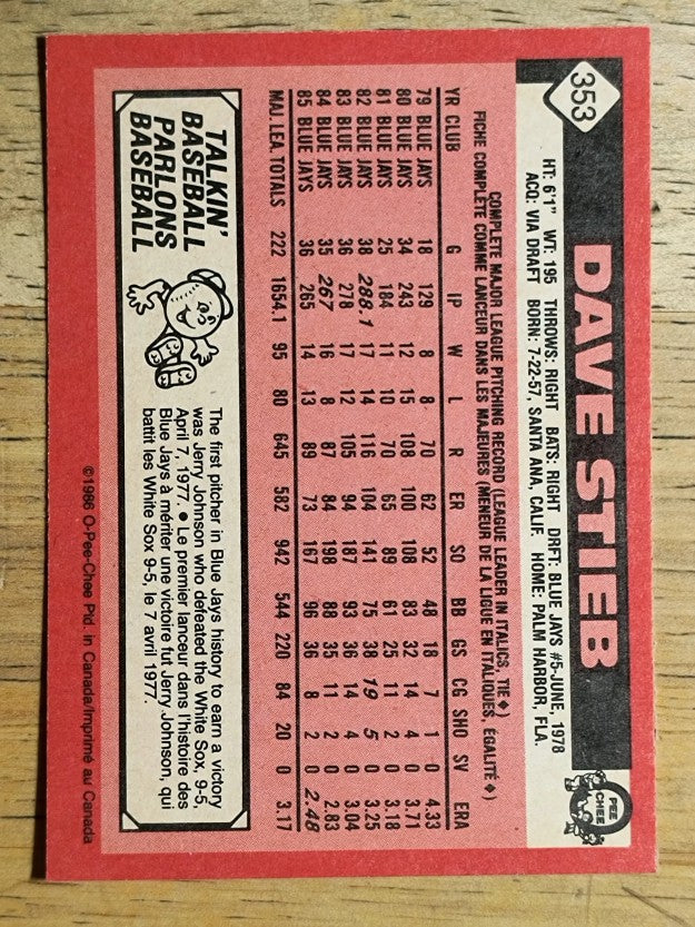 1986 O-Pee-Chee #353 Dave Stieb
