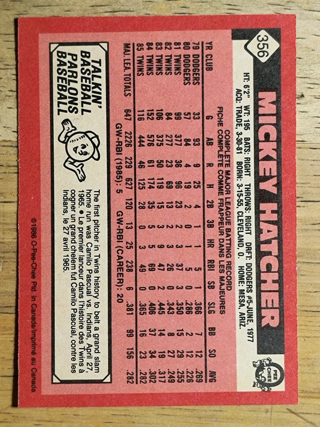 1986 O-Pee-Chee #356 Mickey Hatcher